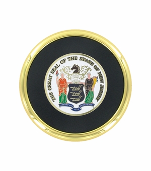 3-5/8 Inch Bright Gold And Leatherette Coaster With 2 Inch State Of New Jersey Etched Enameled Brass Medallion Insert