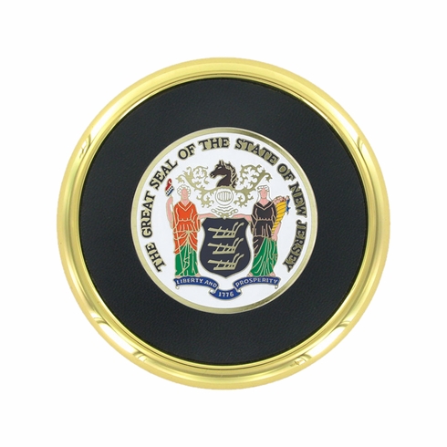 3-5/8 Inch Bright Gold And Leatherette Coaster With 2 Inch State Of New Jersey Etched Enameled Brass Medallion Insert