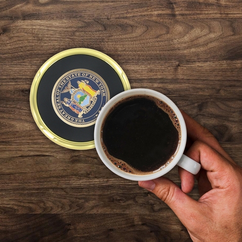 3-5/8 Inch Bright Gold And Leatherette Coaster With 2 Inch State Of New York Etched Enameled Brass Medallion Insert