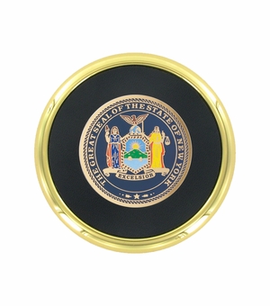 3-5/8 Inch Bright Gold And Leatherette Coaster With 2 Inch State Of New York Etched Enameled Brass Medallion Insert