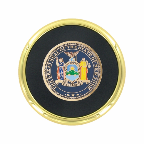 3-5/8 Inch Bright Gold And Leatherette Coaster With 2 Inch State Of New York Etched Enameled Brass Medallion Insert
