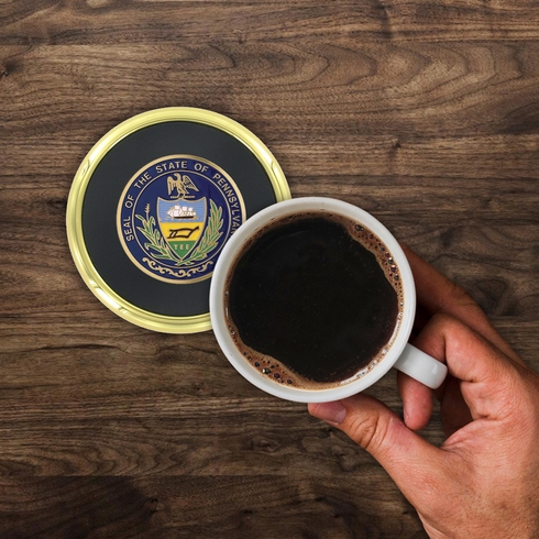 3-5/8 Inch Bright Gold And Leatherette Coaster With 2 Inch State Of Pennsylvania Etched Enameled Brass Medallion Insert