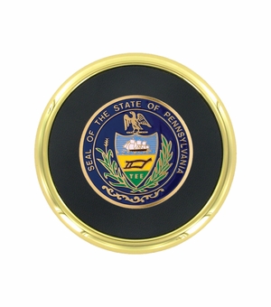 3-5/8 Inch Bright Gold And Leatherette Coaster With 2 Inch State Of Pennsylvania Etched Enameled Brass Medallion Insert