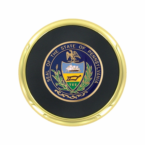 3-5/8 Inch Bright Gold And Leatherette Coaster With 2 Inch State Of Pennsylvania Etched Enameled Brass Medallion Insert