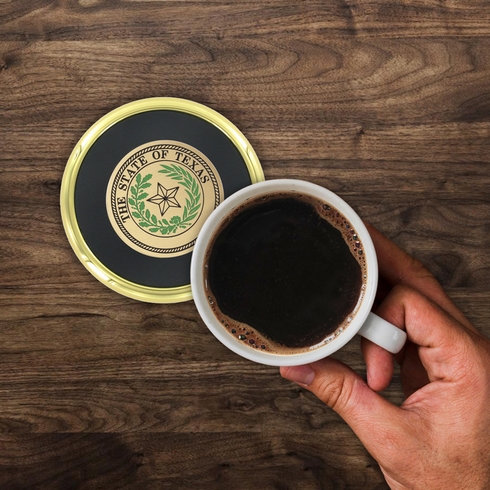 3-5/8 Inch Bright Gold And Leatherette Coaster With 2 Inch State Of Texas Etched Enameled Brass Medallion Insert