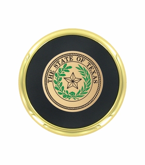 3-5/8 Inch Bright Gold And Leatherette Coaster With 2 Inch State Of Texas Etched Enameled Brass Medallion Insert