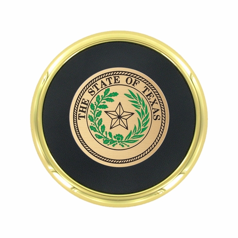 3-5/8 Inch Bright Gold And Leatherette Coaster With 2 Inch State Of Texas Etched Enameled Brass Medallion Insert