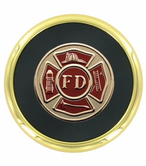 3-5/8 INCH GOLD METAL FIRE DEPARTMENT COASTER WITH 2 INCH INSERT