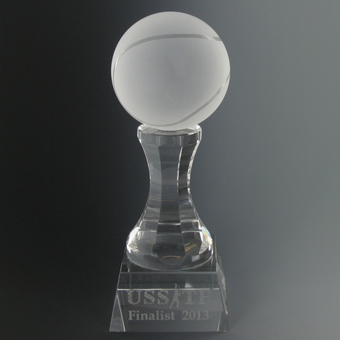 3 X 8 INCH FROSTED CRYSTAL TENNIS BALL ON PEDESTAL TROPHY