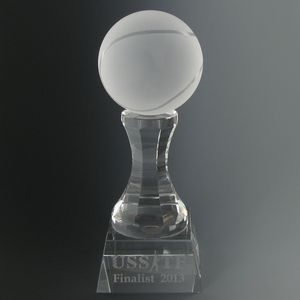 3 X 8 INCH FROSTED CRYSTAL TENNIS BALL ON PEDESTAL TROPHY