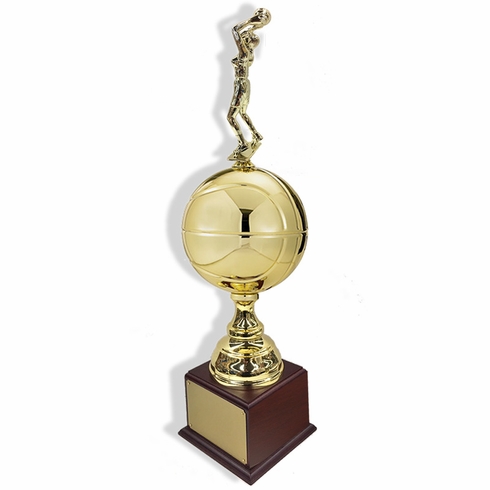 30 INCH LARGE GOLD BASKETBALL TROPHY WITH FEMALE BASKETBALL FIGURE