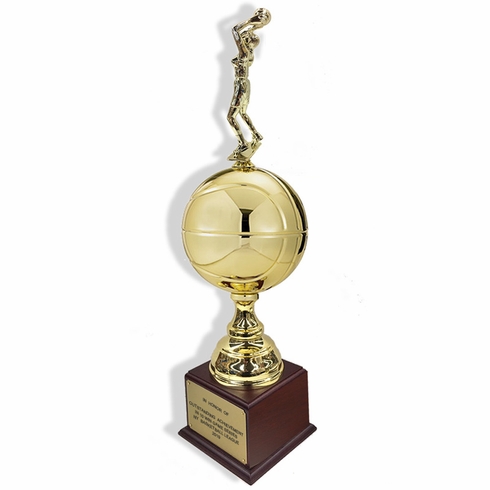 30 INCH LARGE GOLD BASKETBALL TROPHY WITH FEMALE BASKETBALL FIGURE