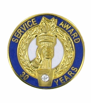 3/4 Inch in Diameter 30 Year Service Award Pin with Crystal