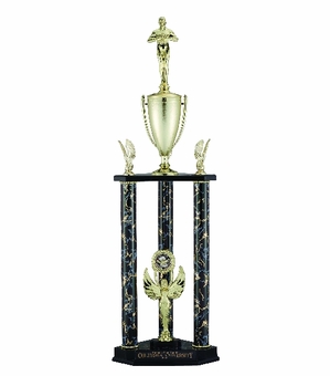31, 34, 37 INCH BLACK AND GOLD THREE COLUMN TROPHY WITH CUP AND TRIMS, TAKES FIGURE AND INSERT
