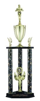 31, 34, 37 INCH BLACK AND GOLD THREE COLUMN TROPHY WITH CUP AND TRIMS, TAKES FIGURE AND INSERT