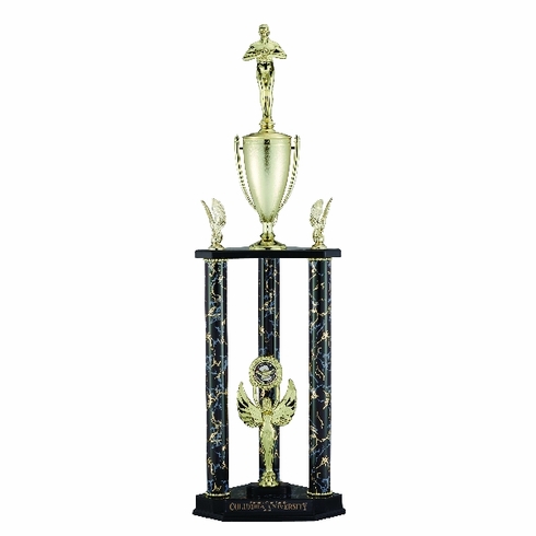 31, 34, 37 INCH BLACK AND GOLD THREE COLUMN TROPHY WITH CUP AND TRIMS, TAKES FIGURE AND INSERT