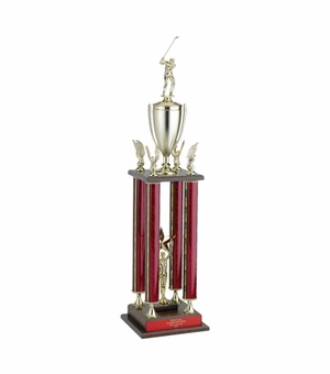 31, 34, 37 INCH FOUR COLUMN MOONBEAM TROPHY WITH CUP, EAGLE TRIMS AND TAKES FIGURE