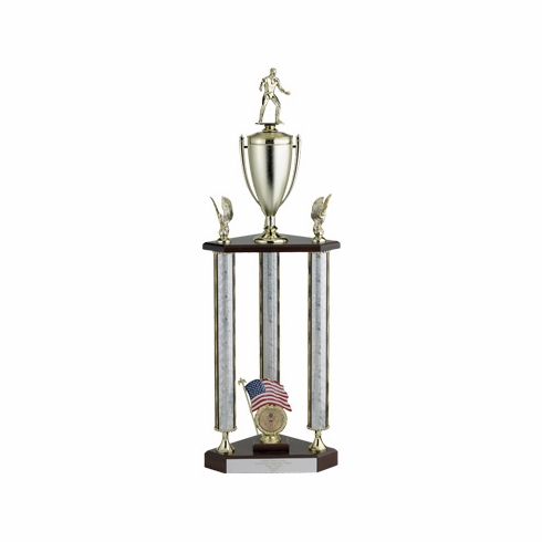 31, 34, 37 INCH THREE COLUMN MOONBEAM TROPHY WITH CUP, EAGLE TRIMS, HOLDS 2 INCH INSERT AND TAKES FIGURE