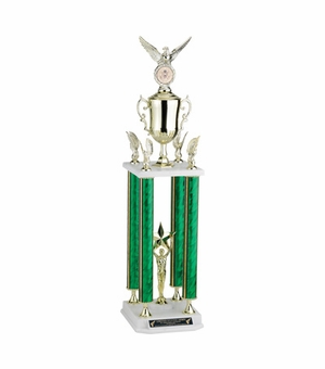32, 35, 38 INCH SPLASH FOUR COLUMN TROPHY WITH CUP, EAGLE TRIMS, HOLDS 2 INCH INSERT AND TAKES TROPHY RISER