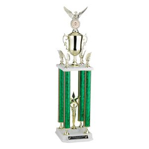 32, 35, 38 INCH SPLASH FOUR COLUMN TROPHY WITH CUP, EAGLE TRIMS, HOLDS 2 INCH INSERT AND TAKES TROPHY RISER