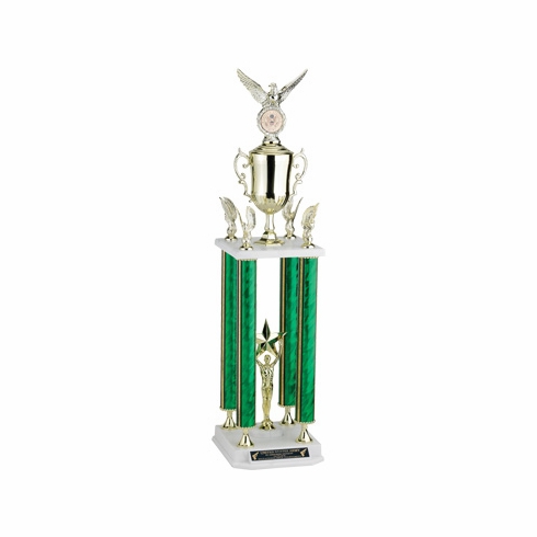 32, 35, 38 INCH SPLASH FOUR COLUMN TROPHY WITH CUP, EAGLE TRIMS, HOLDS 2 INCH INSERT AND TAKES TROPHY RISER