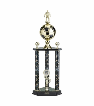 32 INCH THREE COLUMN TROPHY WITH SOCCERBALL, SPORT TRIMS, RISER, HOLDS 2 INCH INSERT AND TAKES FIGURE