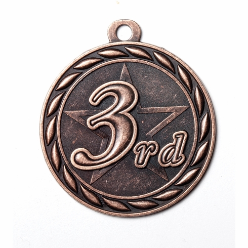 Metal 2-Inch in Diameter Round 3rd Place Medal with Cutomizable Back in Antique Bronze