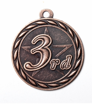 Metal 2-Inch in Diameter Round 3rd Place Medal with Cutomizable Back in Antique Bronze