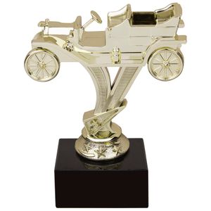 4-1/2 INCH ANTIQUE CAR GOLD FIGURE ON BLACK MARBLE BASE