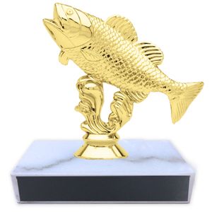 4-1/2 INCH HEIGHT BASS FISH TROPHY ON WHITE MARBLE BASE