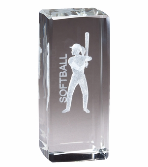 4 1/2" x 2" CRYSTAL AWARD FEMALE SOFTBALL FIGURE LASER ENGRAVED INSIDE CRYSTAL