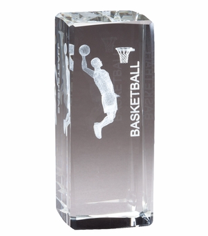 4 1/2" x 2" CRYSTAL AWARD MALE BASKETBALL FIGURE LASER ENGRAVED INSIDE CRYSTAL