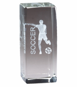 4 1/2" x 2" CRYSTAL AWARD MALE SOCCER FIGURE LASER ENGRAVED INSIDE CRYSTAL