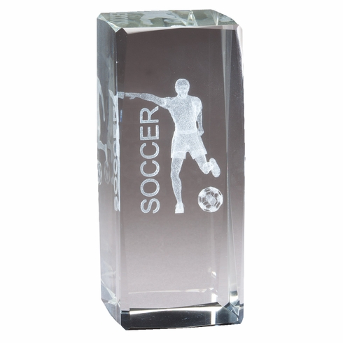 4 1/2" x 2" CRYSTAL AWARD MALE SOCCER FIGURE LASER ENGRAVED INSIDE CRYSTAL