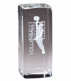 4 1/2" x 2" CRYSTAL AWARD MALE VOLLEYBALL FIGURE LASER ENGRAVED INSIDE CRYSTAL