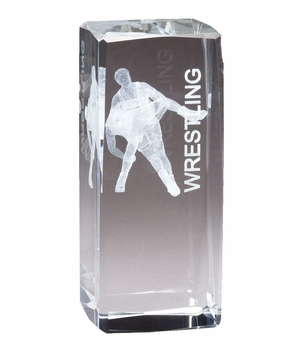 4 1/2" x 2" CRYSTAL AWARD MALE WRESTLER FIGURE LASER ENGRAVED INSIDE CRYSTAL
