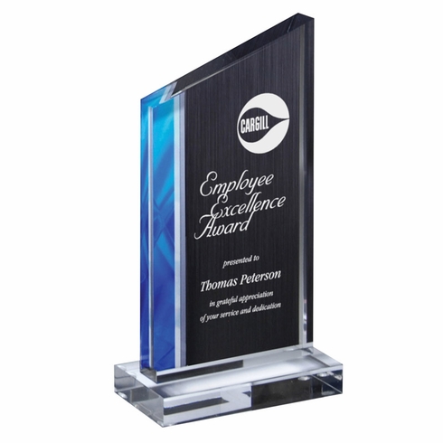 4-1/2" X 8-3/4" ART DECO WEDGE ACRYLIC AWARD WITH BLUE AND BLACK ACCENT