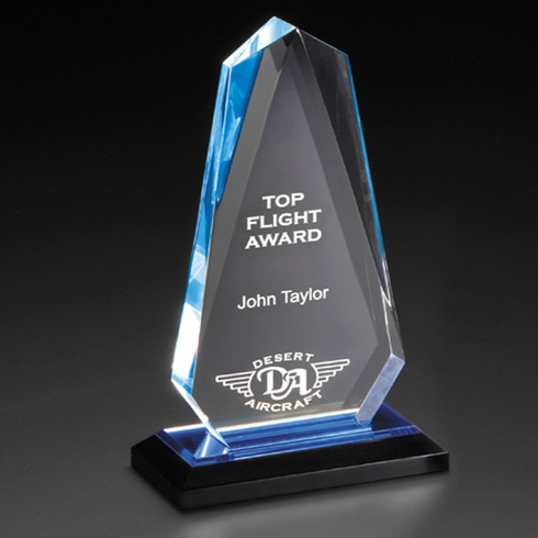 4-1/2" x 8-3/4" BLUE ARROWHEAD ACRYLIC AWARD WITH REFLECTIVE BLUE BOTTOM ON BLACK BASE