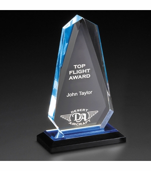 4-1/2" x 8-3/4" BLUE ARROWHEAD ACRYLIC AWARD WITH REFLECTIVE BLUE BOTTOM ON BLACK BASE