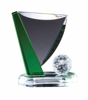 4-1/2"x5-1/4" GOLF FLAG & BALL OPTICAL CRYSTAL AWARD WITH GREEN ACCENTS & BEVELED EDGES