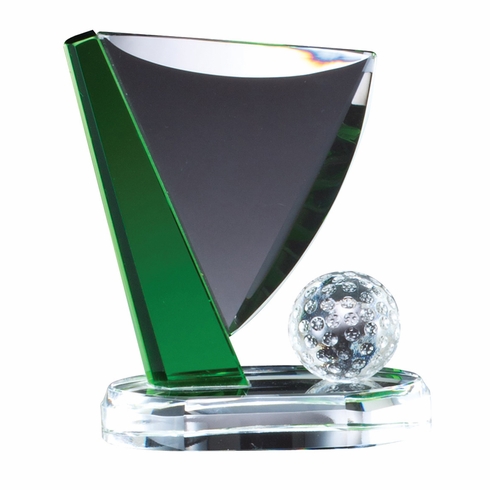 4-1/2"x5-1/4" GOLF FLAG & BALL OPTICAL CRYSTAL AWARD WITH GREEN ACCENTS & BEVELED EDGES