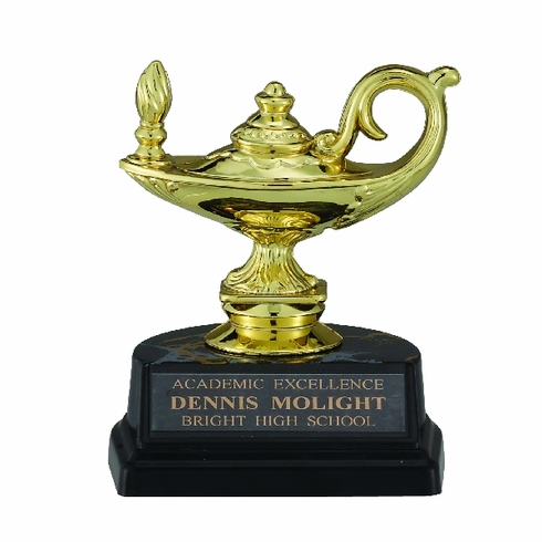 4-1/4 INCH BLACK AND GOLD TROPHY, LAMP OF LEARNING
