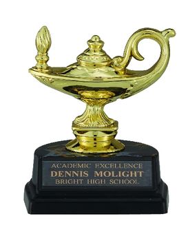 4-1/4 INCH BLACK AND GOLD TROPHY, LAMP OF LEARNING