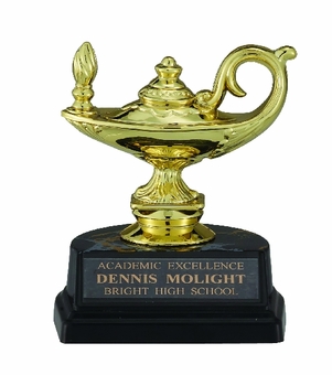 4-1/4 INCH BLACK AND GOLD TROPHY, LAMP OF LEARNING