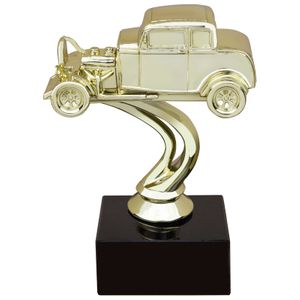4-1/4 INCH HOT ROD CAR GOLD FIGURE ON BLACK MARBLE BASE