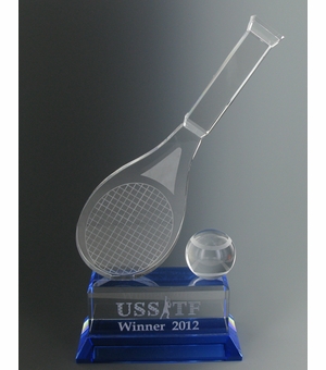 4-1/4 X 10 INCH CRYSTAL TENNIS RACQUET AND BALL ON BLUE BASE TROPHY