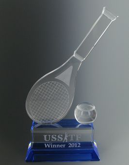4-1/4 X 10 INCH CRYSTAL TENNIS RACQUET AND BALL ON BLUE BASE TROPHY