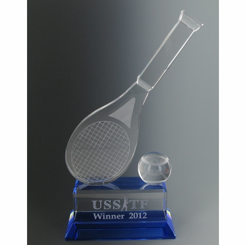 4-1/4 X 10 INCH CRYSTAL TENNIS RACQUET AND BALL ON BLUE BASE TROPHY