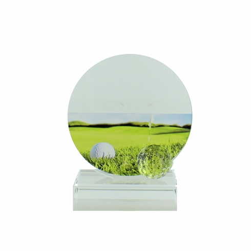 4-1/4 X 3-7/8 INCH GLASS GOLF TROPHY WITH BALL AND COLOR PRINTED GOLF IMAGE