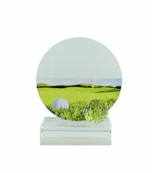 4-1/4 X 3-7/8 INCH GLASS GOLF TROPHY WITH BALL AND COLOR PRINTED GOLF IMAGE
